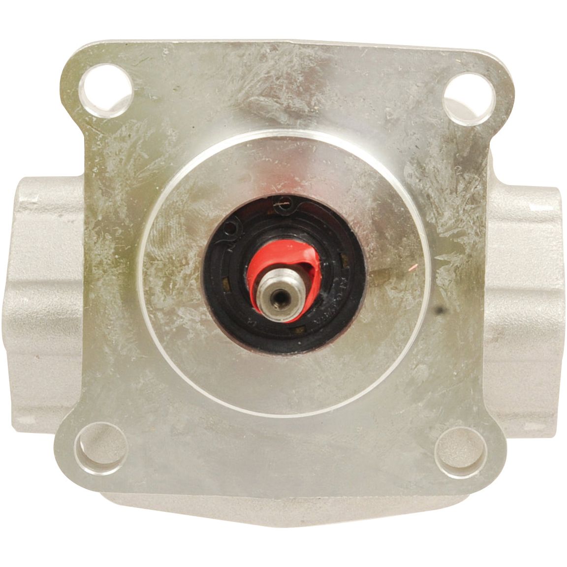 Close-up view of the Sparex Single Hydraulic Pump - S.71965, a metallic component designed for single pump applications, featuring a central circular port and four bolt holes at the corners.