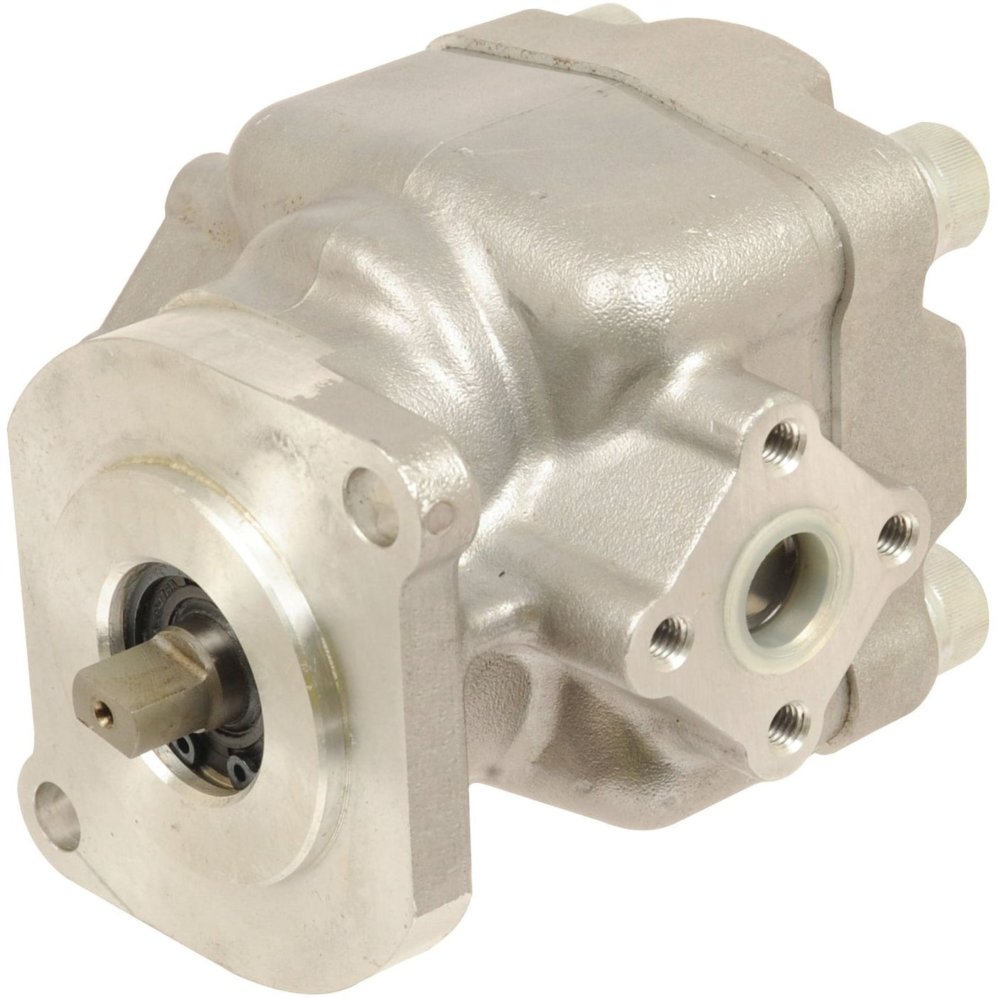 The Single Hydraulic Pump - S.71966 by Sparex is a metallic pump with a silver finish, featuring multiple inlet and outlet ports and a protruding shaft, adhering to Sparex's diagram specifications.