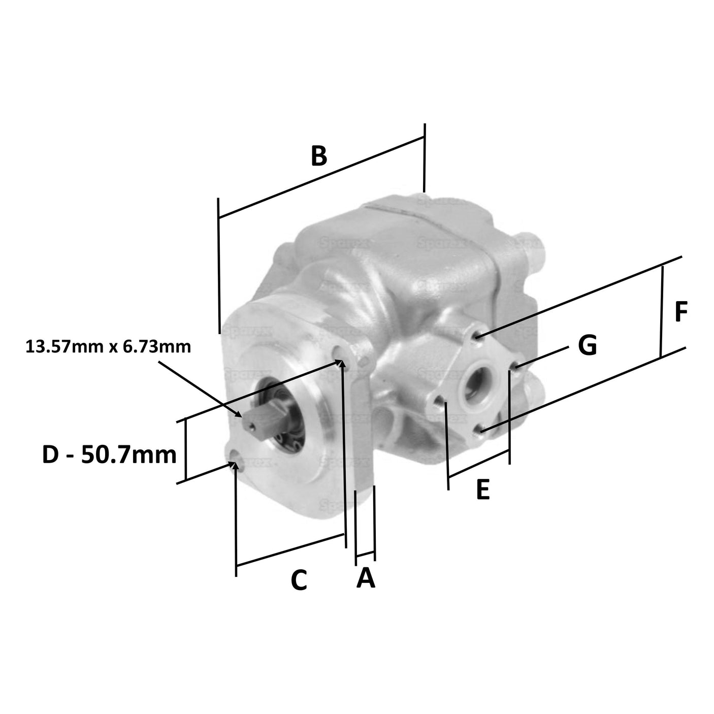 The diagram specifications for the Single Hydraulic Pump - S.71966 by Sparex show a metallic mechanical component with several labeled dimensions: A, B, C, D (50.7mm), E, F, G, and 13.57mm x 6.73mm for easy reference.