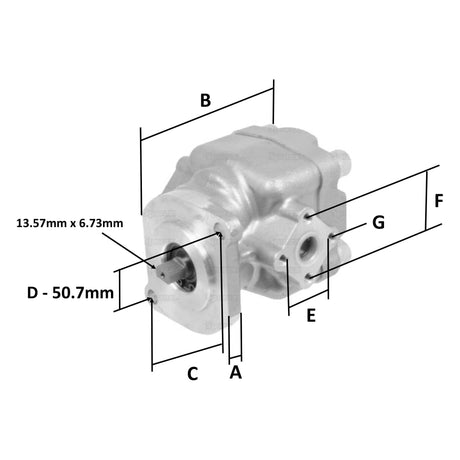 The diagram specifications for the Single Hydraulic Pump - S.71966 by Sparex show a metallic mechanical component with several labeled dimensions: A, B, C, D (50.7mm), E, F, G, and 13.57mm x 6.73mm for easy reference.