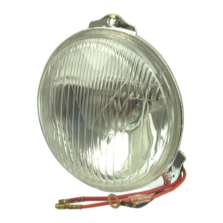 Introducing the Sparex Head Light, (Halogen), RH & LH, Straight, 12V - S.71972: a round, clear vehicle headlight with ridged glass and attached red and black wires, featuring a 12V 25/25W Halogen Replacement Bulb.