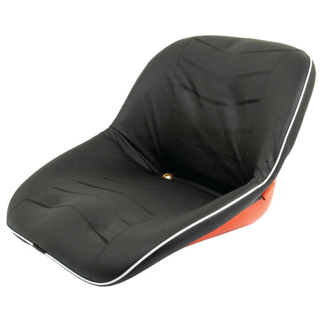 The Sparex Seat Assembly | Sparex Part No. S.71984 features a black leather seat with a contoured design and slight grooves for comfort, set atop an orange base, making it perfect as a Kubota compatible seat.