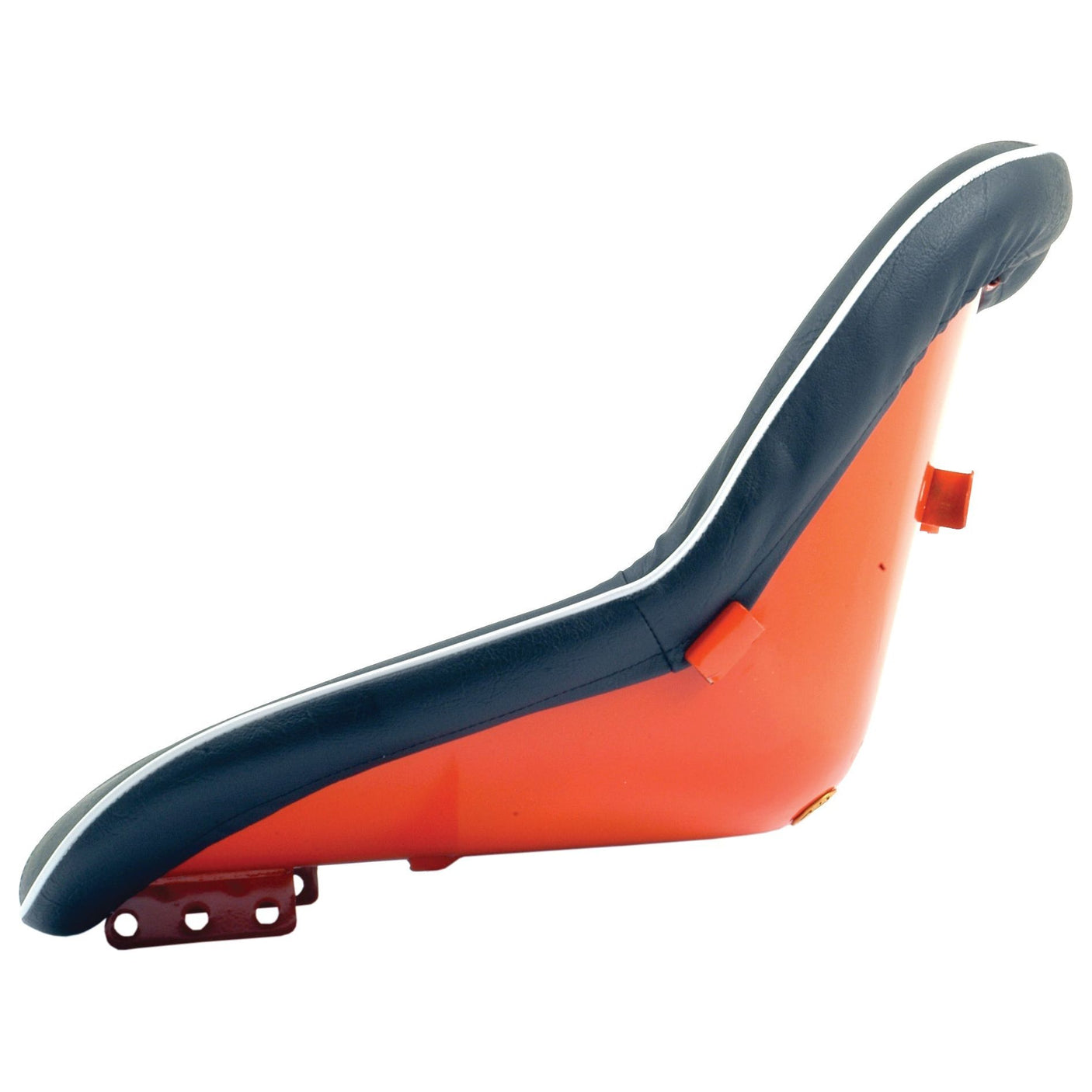 Side view of the Sparex Seat Assembly (Sparex Part No. S.71984) in black and orange with a reclining backrest, white trim, and mounting brackets on the bottom—perfect as a Kubota Compatible Seat by Sparex.