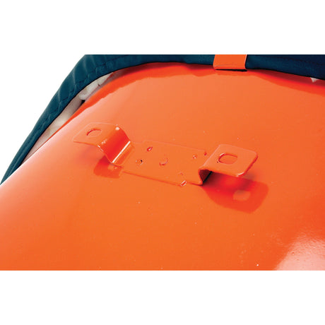 A close-up of an orange metal object with a rectangular bracket attached, featuring two circular holes and two L-shaped extensions. This design could easily be part of the Sparex Seat Assembly (Sparex Part No. S.71984), providing sturdy support for compact tractors.