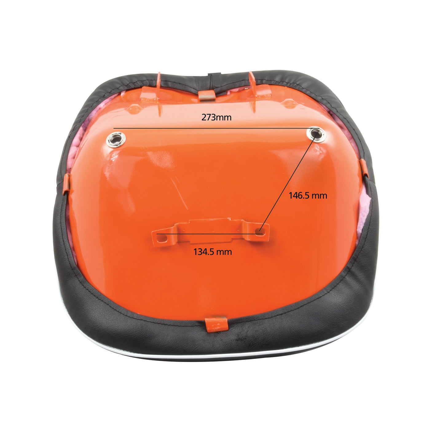 A Sparex Seat Assembly (Sparex Part No. S.71984), compatible with Kubota, features an orange base, black padding, and dimensions of 273mm, 146.5mm, and 134.5mm.