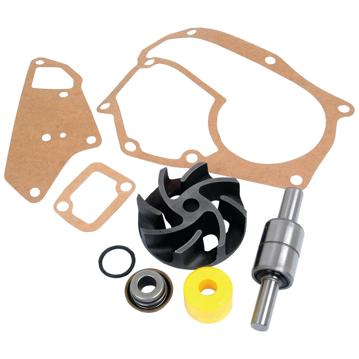 Assorted mechanical parts including gaskets, a black impeller, a metal shaft, a yellow cylinder, and various rings from the Sparex Water Pump Repair Kit (Part No. S.72000) for John Deere equipment, laid out on a white background.