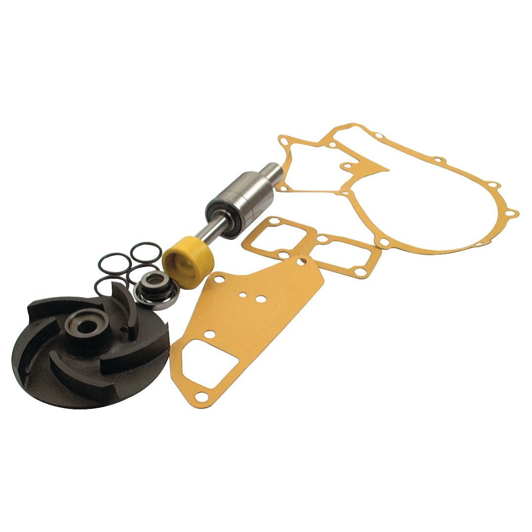 A Sparex Water Pump Repair Kit (Part No. S.72001), featuring a black impeller, a metal shaft with a yellow cap, rubber O-rings, and cut-out gaskets, is meticulously arranged on a white background. Perfect for John Deere machinery, this kit ensures reliable performance and longevity.