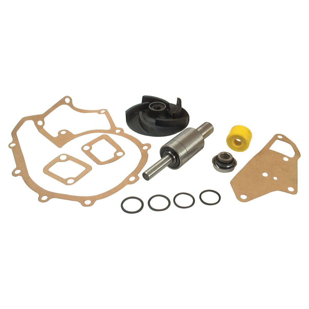 The Water Pump Repair Kit (Sparex Part No. S.72001) from Sparex is the ideal set of automotive parts for water pump repairs, including gaskets, a bearing, a shaft with a rubber seal, O-rings, a metal bracket, and a black impeller—perfect for John Deere machinery or other compatible models.