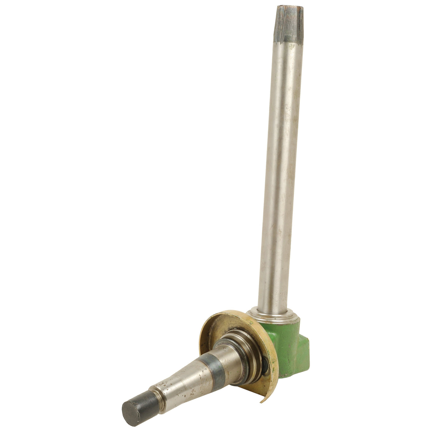 The Sparex Spindle RH & LH (Sparex Part No. S.72055) features a green base and a brass-colored collar, akin to those utilized in John Deere machinery, with a variety of cylindrical components and a tapered end.