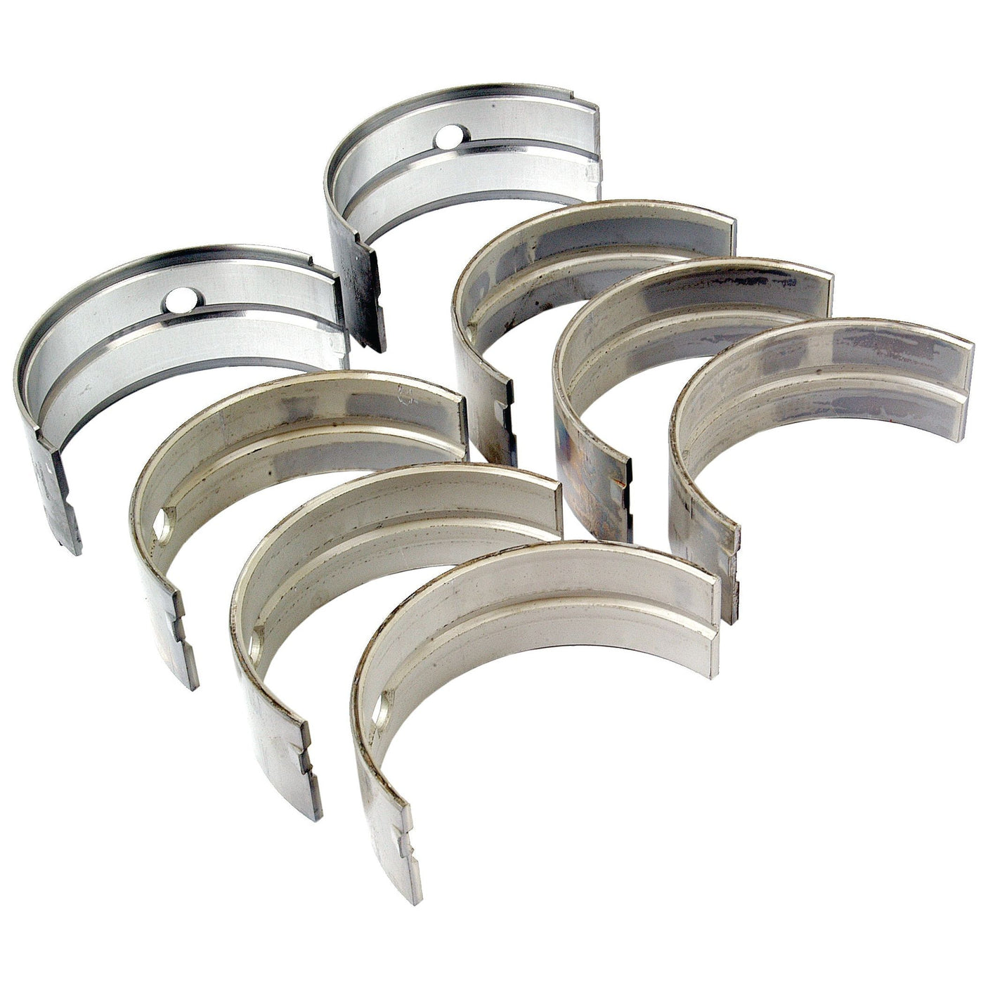 A set of eight curved, metallic engine bearings arranged in two rows with visible mounting holes, compatible with John Deere models and identified as Sparex Main Bearing Std. (Set), part number S.72112.