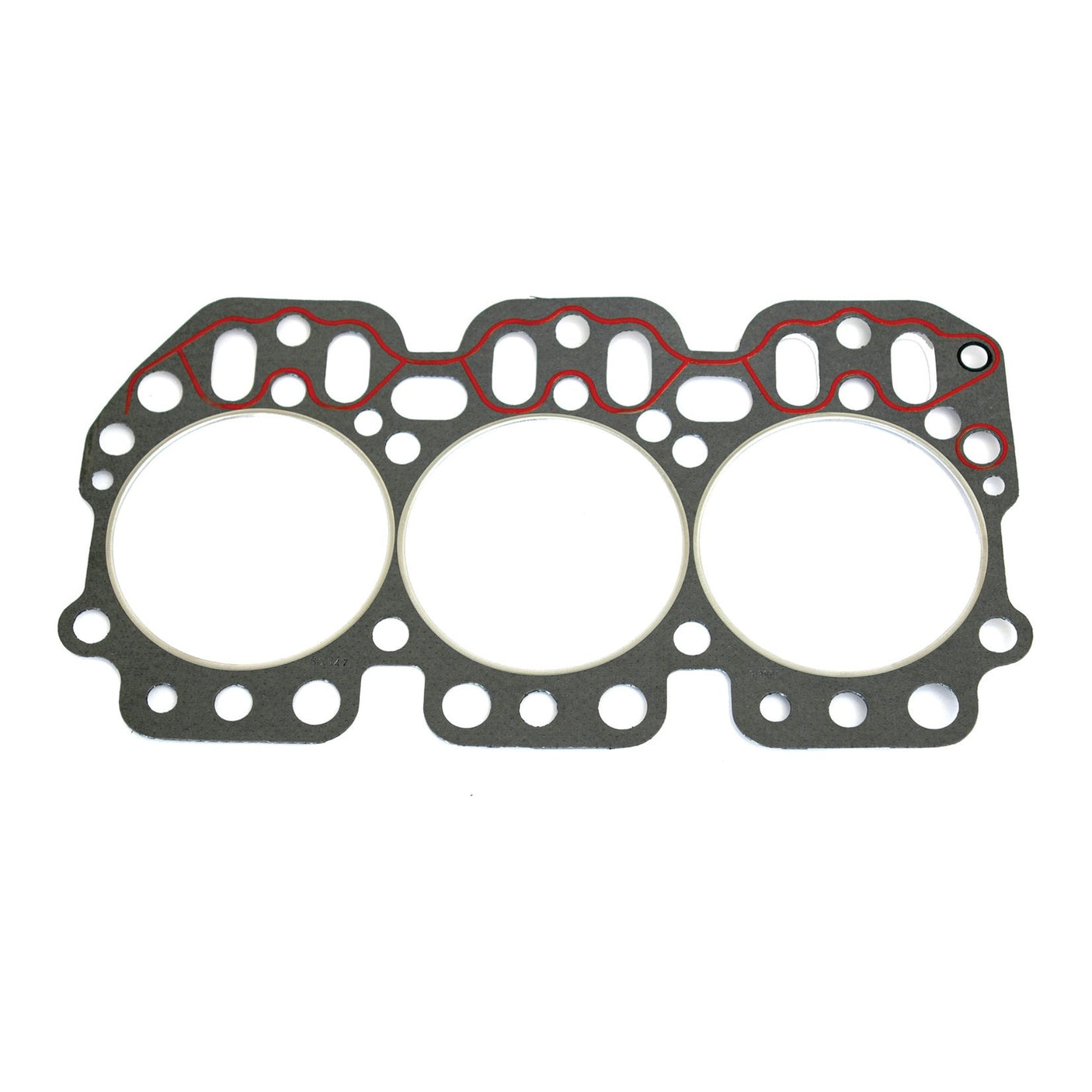 A Sparex Head Gasket - 3 Cyl. (Part No. S.72132) featuring three large circular holes and multiple smaller holes, with a red rubber lining on its edges, compatible with John Deere machinery.