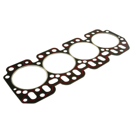 Image of the Sparex S.72133 multi-layer steel cylinder head gasket for an internal combustion engine, featuring four circular openings and multiple holes for bolts and fluid passages. Ideal for John Deere machinery, specifically models 4219Dl 01 and 4219Dl 03.