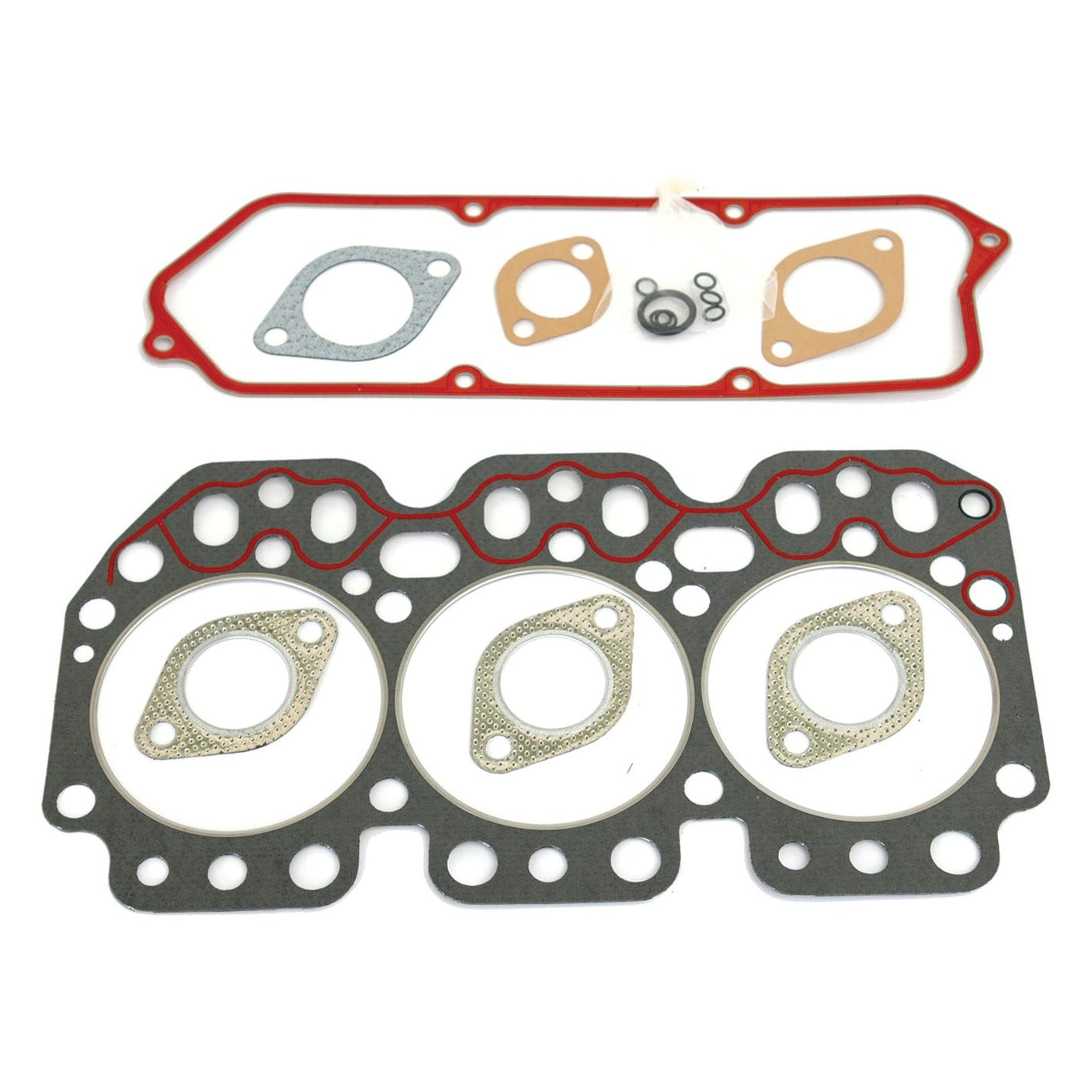 A Sparex Top Gasket Set - 3 Cyl. (Part No. S.72148) is displayed on a white background, featuring gaskets for a 3-cylinder engine, including a cylinder head gasket, valve cover gaskets, and smaller seals and rings.