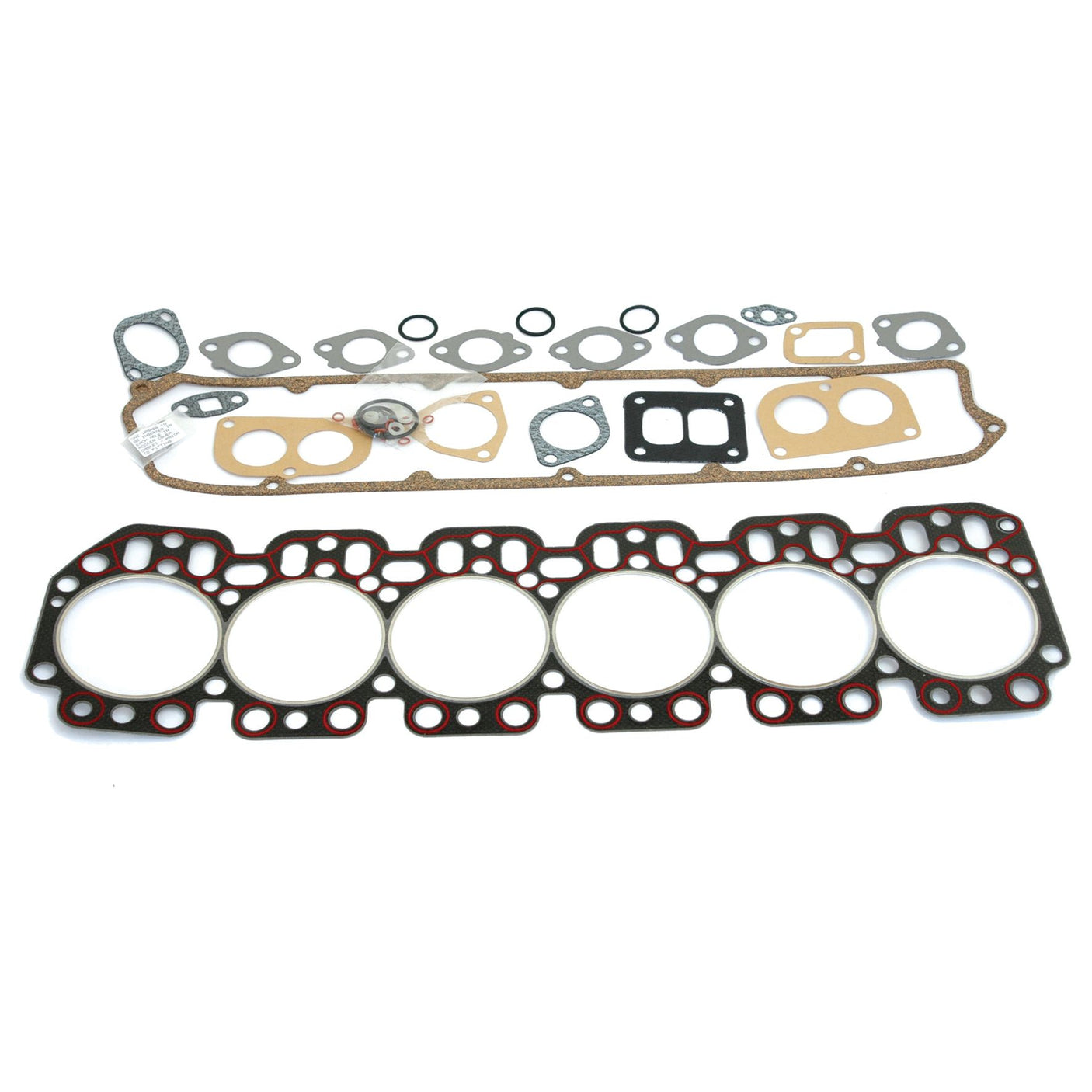 Assorted engine gaskets, including a large 6-cylinder head gasket and various smaller shaped gaskets from the Sparex Top Gasket Set - 6 Cyl. (Sparex Part No. S.72152), arranged on a white background.