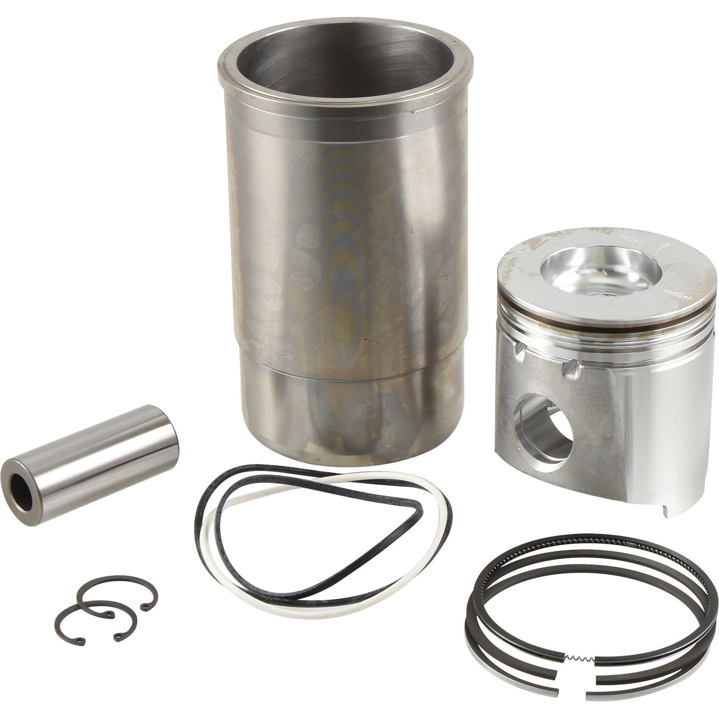 A disassembled Piston Ring and Liner Kit, Sparex Part No.S.72164, featuring a cylinder, piston, piston rings, wrist pin, and circlips is meticulously arranged on a white background.