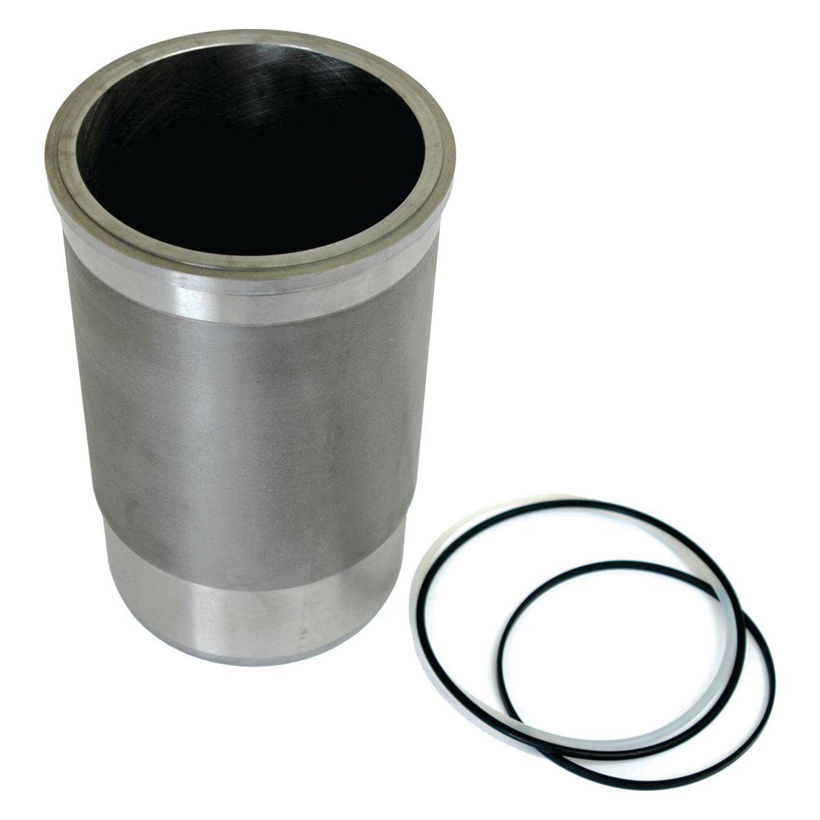 Image featuring the Sparex Piston Liner (Finished) | Sparex Part No. S.72169, a cylindrical metal part with a 106.5mm bore, accompanied by two black circular rubber seals placed beside it.