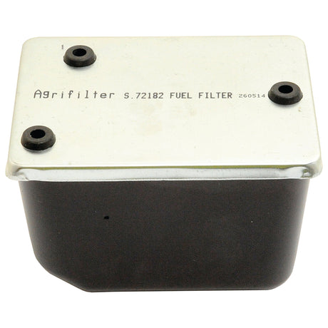 A rectangular Sparex Fuel Filter - Element (Sparex Part No. S.72182) with a metal top and black casing, featuring mounting points on the top surface, suitable for John Deere equipment.