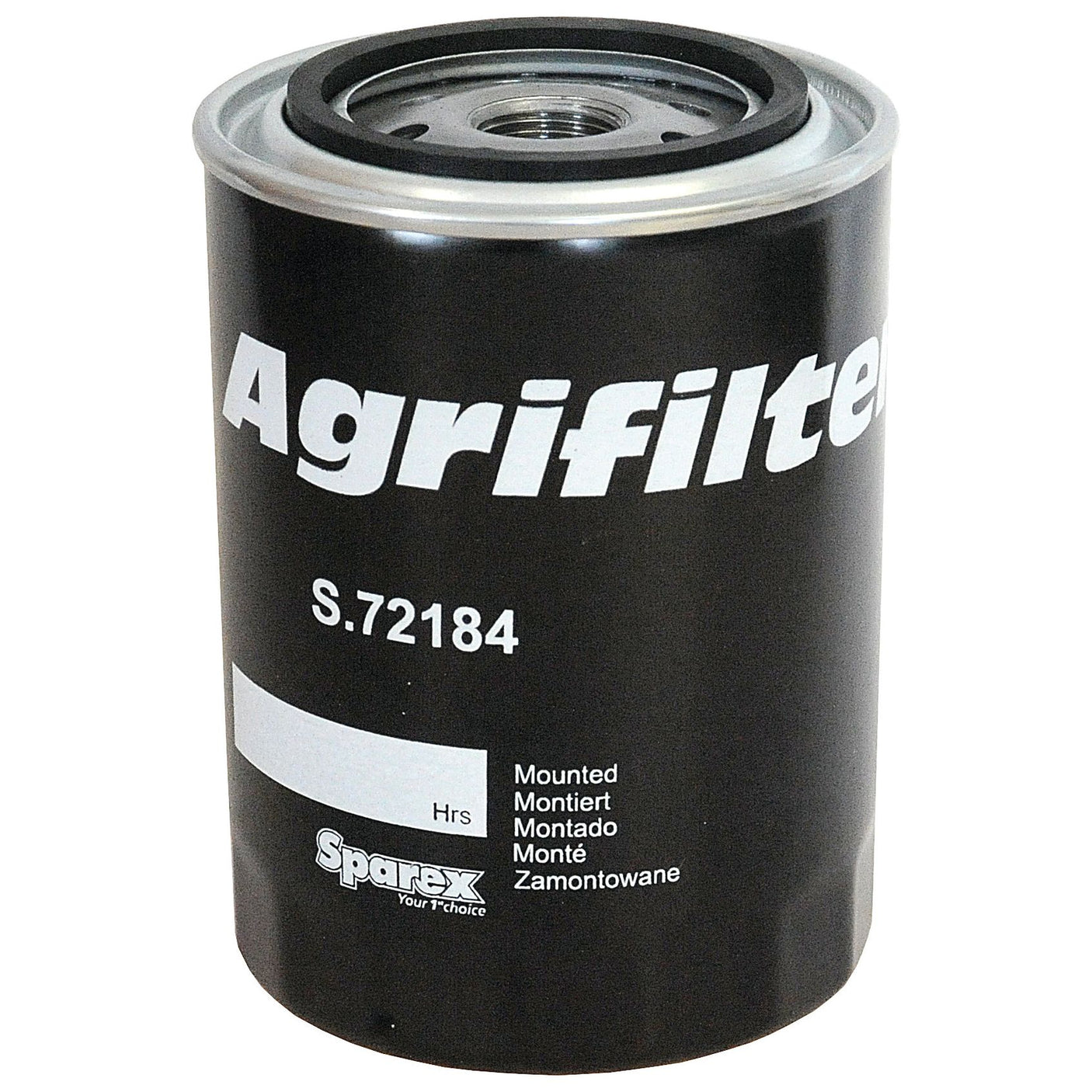 A Sparex Oil Filter - Spin On with the Part No. S.72184, featuring a black cylindrical design and a 13/16 - 16 UNF-2B thread, has "Mounted" labeled in various languages. This oil filter is compatible with John Deere machinery, ensuring excellent performance for your equipment.