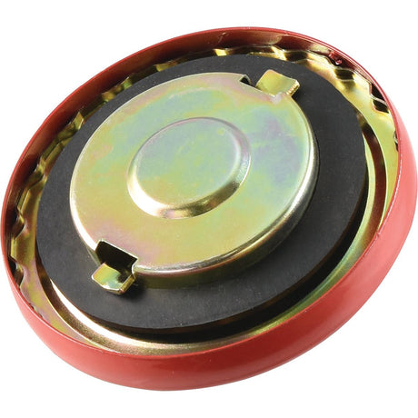 A circular metallic object with a red outer rim and a silver center, resembling a mechanical or electronic component, much like the Fuel Cap - S.72198 by Sparex designed for precision use.