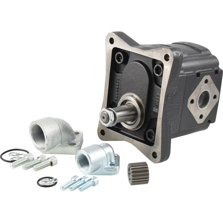 Image of the Sparex hydraulic motor (Product No. S.72201, compatible with 6080200061), featuring various components including elbow fittings, bolts, washers, and a gear. The motor has a visible shaft and mounting holes.