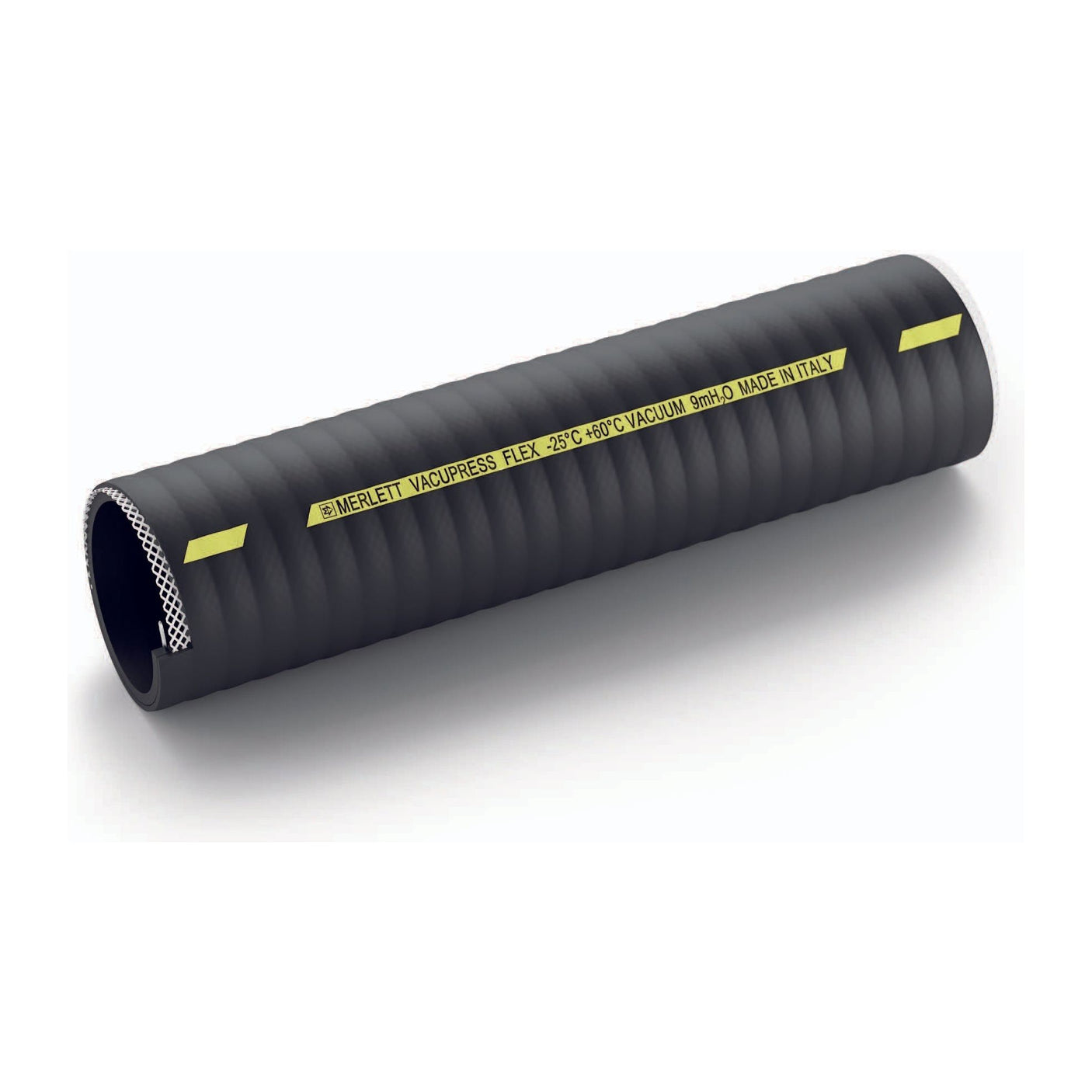 A black flexible ribbed PVC hose from Sparex, the Tanker Hose (Merlett Vacupress Flex) with 80mm (3 1/8'') ID, labeled "Merlett VACUPRESS FLEX -25°C +55°C VACUUM 9mHD MADE IN ITALY" in yellow text and featuring a textured interior, is perfect for suction and delivery.