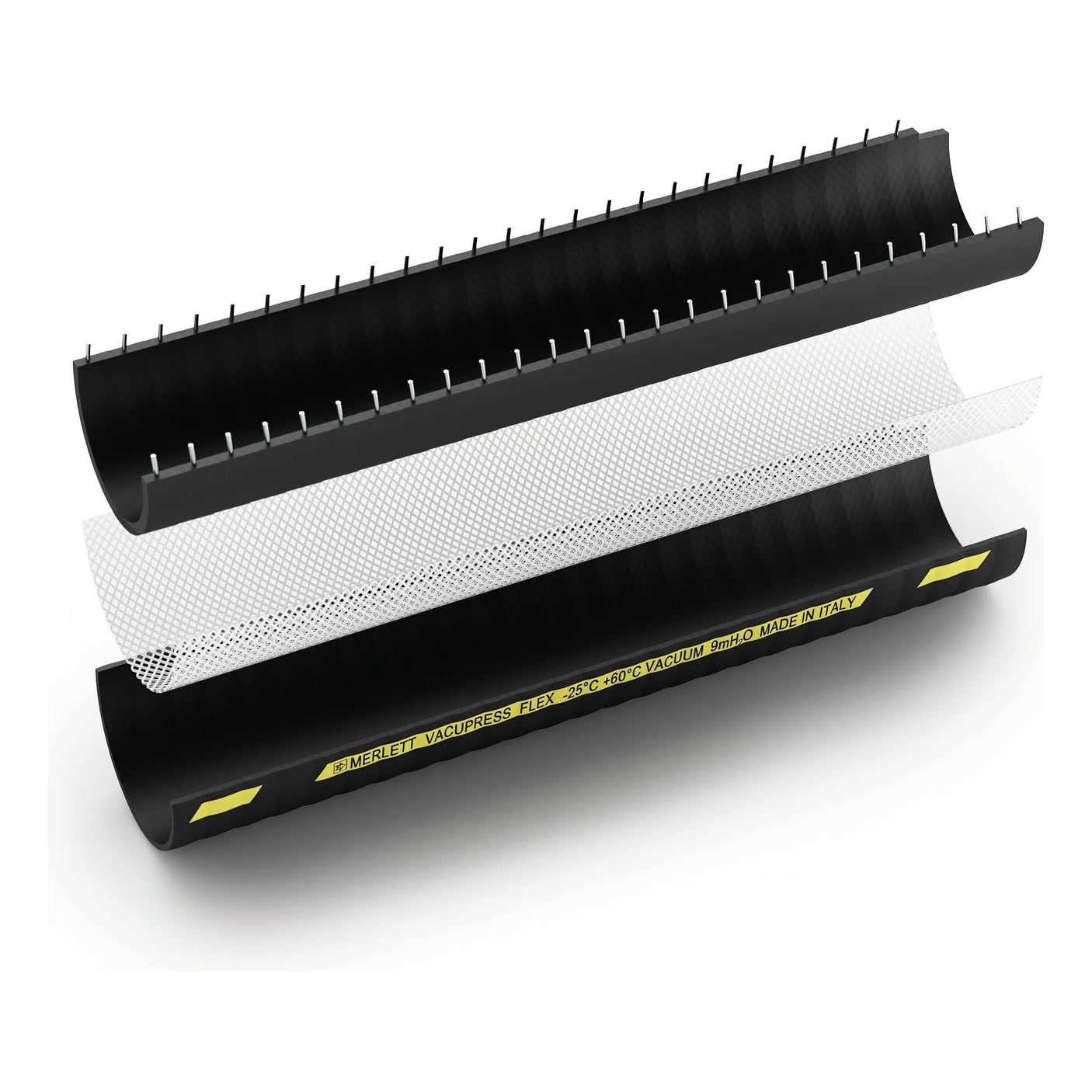 A computer-generated image depicting a cross-section of the Tanker Hose (Merlett Vacupress Flex) by Sparex, showcasing three distinct layers: an outer black layer, a middle white mesh layer, and an inner black layer adorned with yellow markings. The hose has an ID of 80mm (3 1/8'') - S.72202.