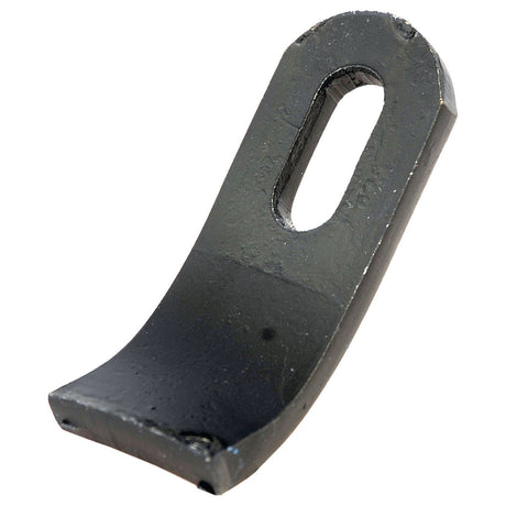 The Sparex Y type flail, measuring 98mm in length and 35mm in width with a hole size of 33x14mm, is a curved, flat black metal blade that features an elongated hole at the center for mounting purposes. It is compatible with Blower systems and serves as a replacement for Votex and Rousseau models.