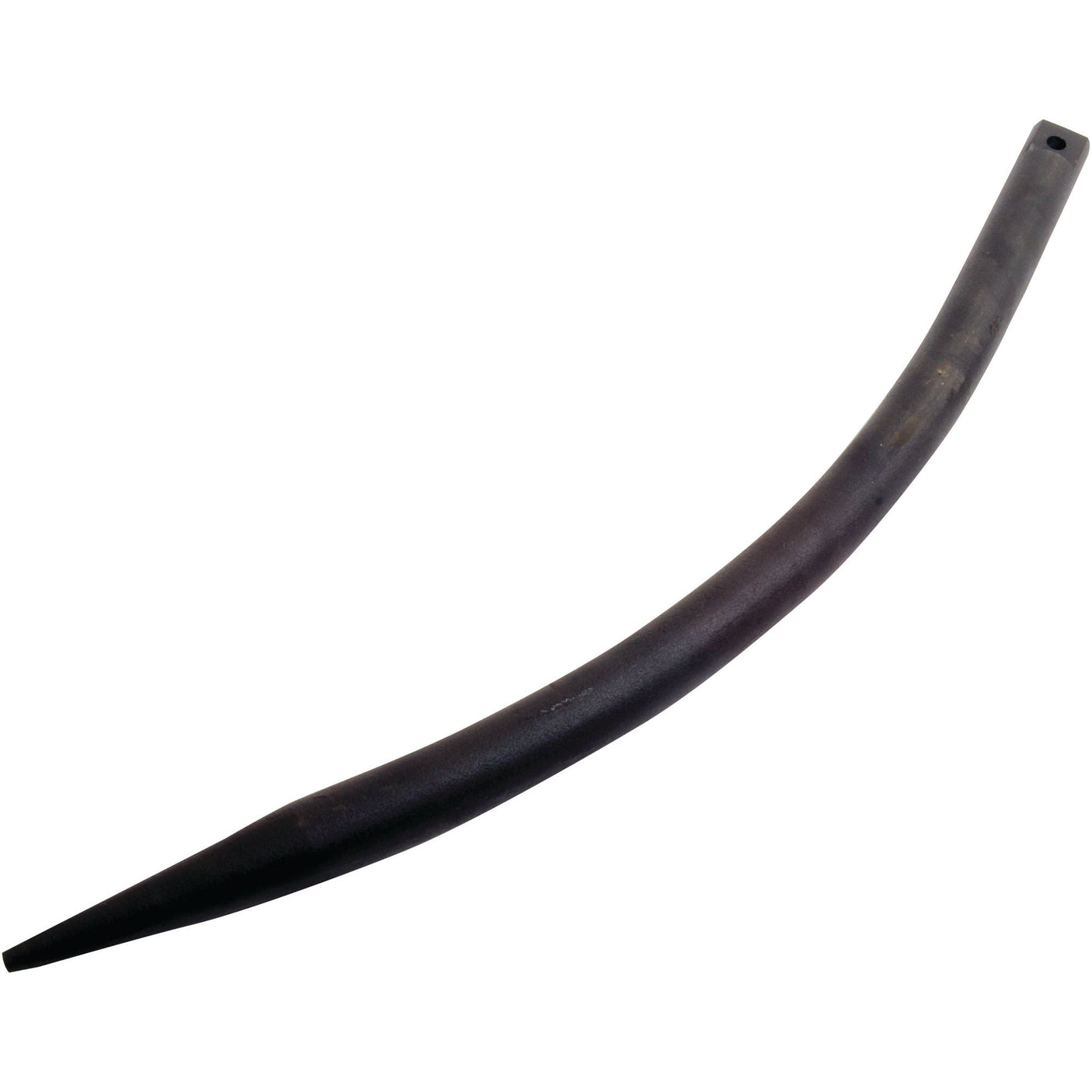 A long, curved, black Loader Tine – Curved 470mm, (Round) designed for a tine Ø25mm pin fitting with a pointed end and a small hole at the broader end, by Sparex. Product code: 111220103 - S.72217.