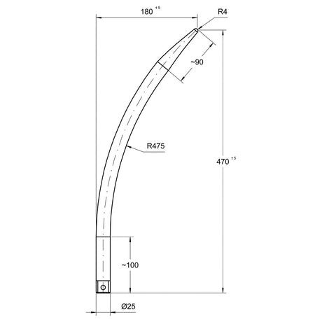 Technical drawing of the Sparex Loader Tine - Curved 470mm (Round), showcasing various dimensions and radii, including R475, R4, and lengths of 180, 470, and 100 mm. The diameter of the base is Ø25mm. This component fits as part number 111220103 – S.72217.