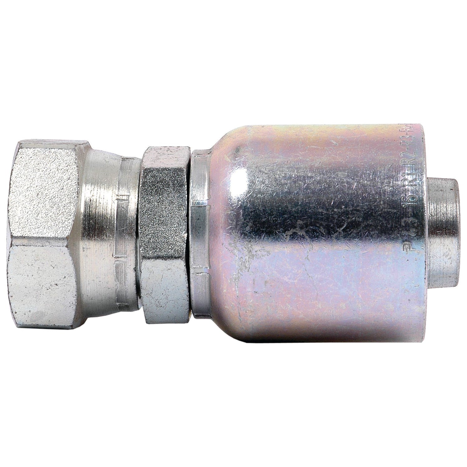 A close-up of a Sparex Parker JIC Hose Insert reveals a metallic hydraulic hose fitting featuring a hexagonal nut and a cylindrical body. The 3/4'' x 1 5/16'' x 12'' Female Straight Swivel connection gleams with its shiny, polished surface.