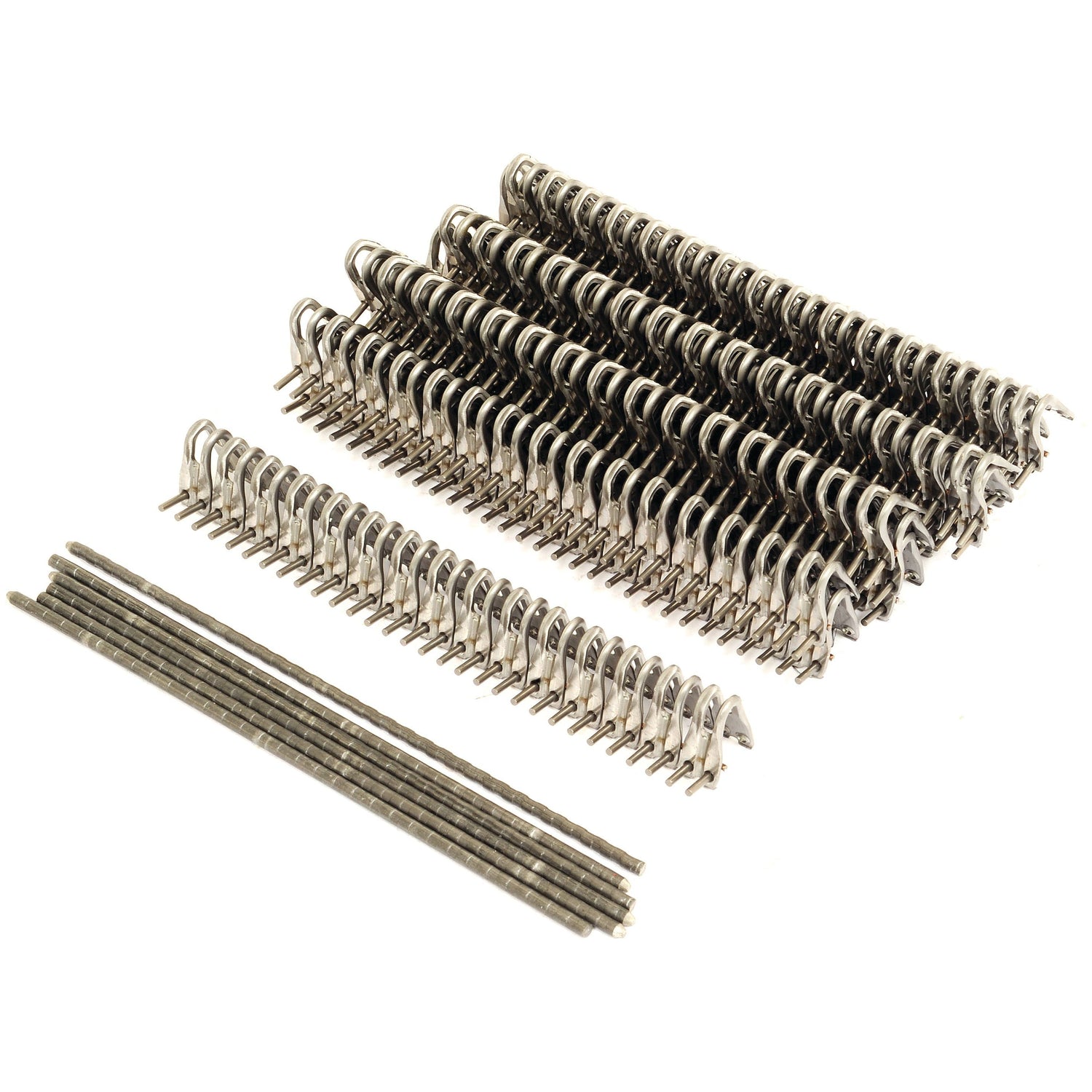 Rows of Belt Fasteners - U24CS, each measuring 175mm, arranged in an orderly fashion on a white background, showcasing the precision of the Sparex hammer system.