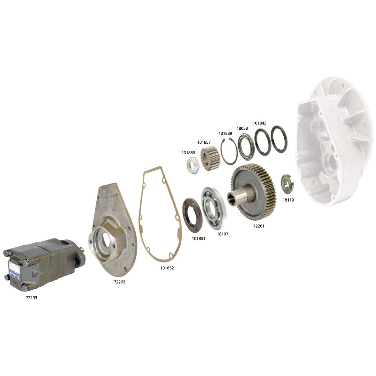 Exploded view of the Conversion Kit (Sparex Part No.S.72263) from Sparex, showcasing various components such as gears, bearings, seals, and a hydraulically operated pump arranged in sequence from left to right. Each part is labeled with different numbers.