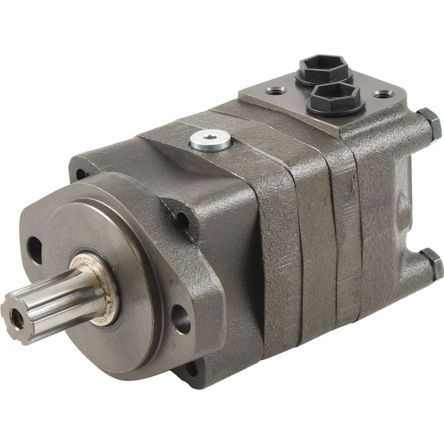 The Orbitrol Hydraulic Motor, Sparex Part No. S.72293 by Sparex, features a hexagonal shaft protruding from one end and has two black hexagonal caps on the top. Its design ensures optimal flow rate for various applications.