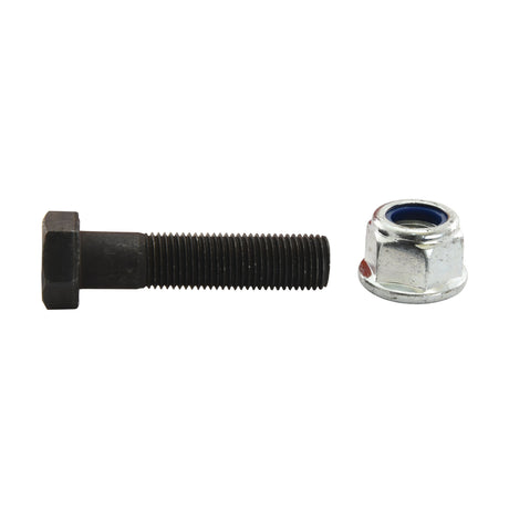 A black hexagonal head bolt with a tensile strength of 12.9 and M14 x 60mm size, from the Sparex Hexagonal Head Bolt With Nut (TH) set, sits beside a silver hex nut with blue inner lining against a plain white background.