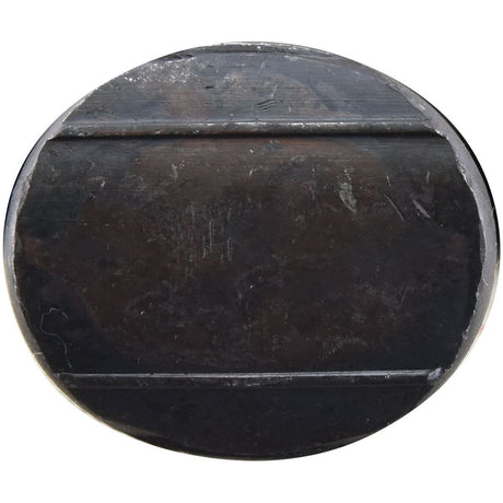 An overhead view of a dark, round, flat object with two horizontal ridges and a slightly textured surface, reminiscent of the finish found on a Sparex Oval Head Double Nib Bolt With Nut (TO2E) - M12 x 50mm, Tensile strength 10.9.