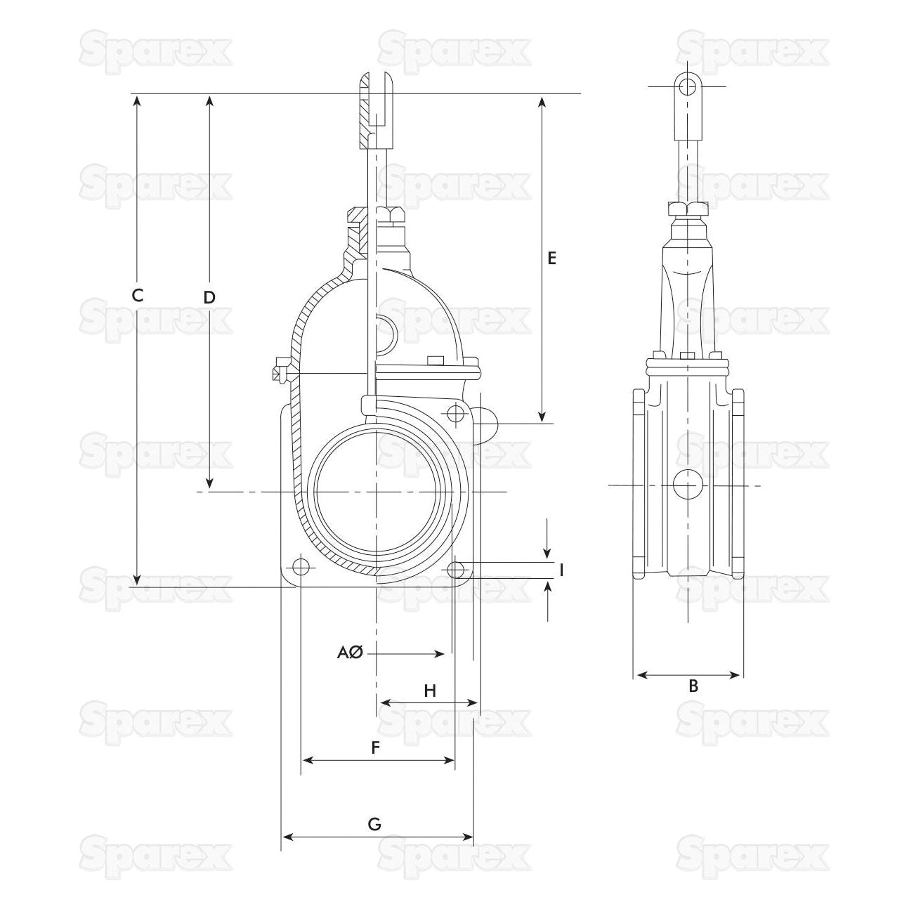Technical drawing of a Gate Valve - Double Flanged 6'' (Product Number S.72331) with labeled dimensions for reference. It shows two different views and measurements marked with letters. The background has a repeating "Sparex" watermark.