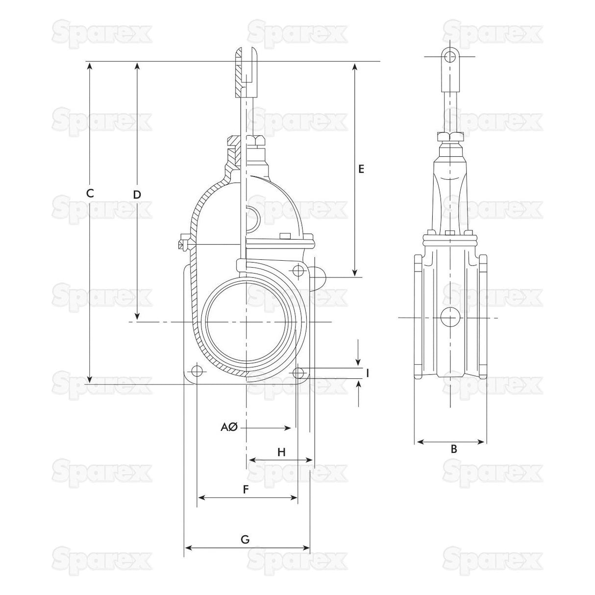 Technical drawing of a Gate Valve - Double Flanged 6'' (Product Number S.72331) with labeled dimensions for reference. It shows two different views and measurements marked with letters. The background has a repeating "Sparex" watermark.