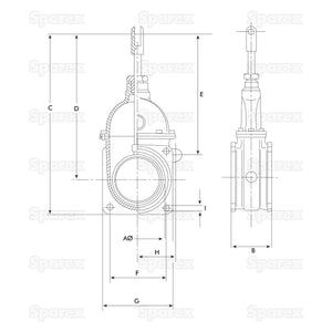 Technical drawing of a Gate Valve - Double Flanged 6'' (Product Number S.72331) with labeled dimensions for reference. It shows two different views and measurements marked with letters. The background has a repeating "Sparex" watermark.