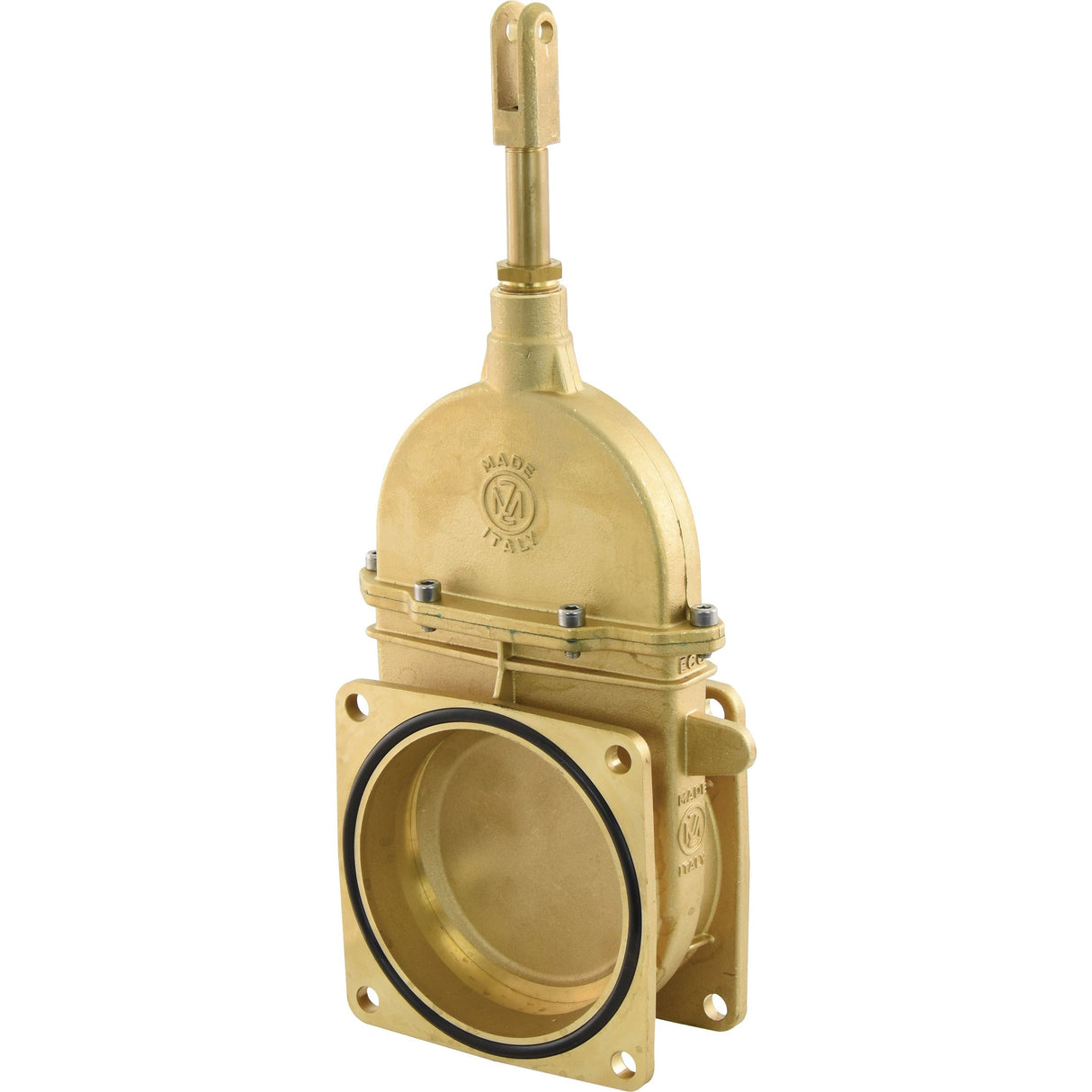 The Sparex Gate Valve - Double Flanged 6'' - S.72331 features a robust brass construction and a closed valve mechanism, with an easy-to-use handle at the top for operation. It's designed to handle optimal pressure and temperature ranges, making it suitable for versatile applications.