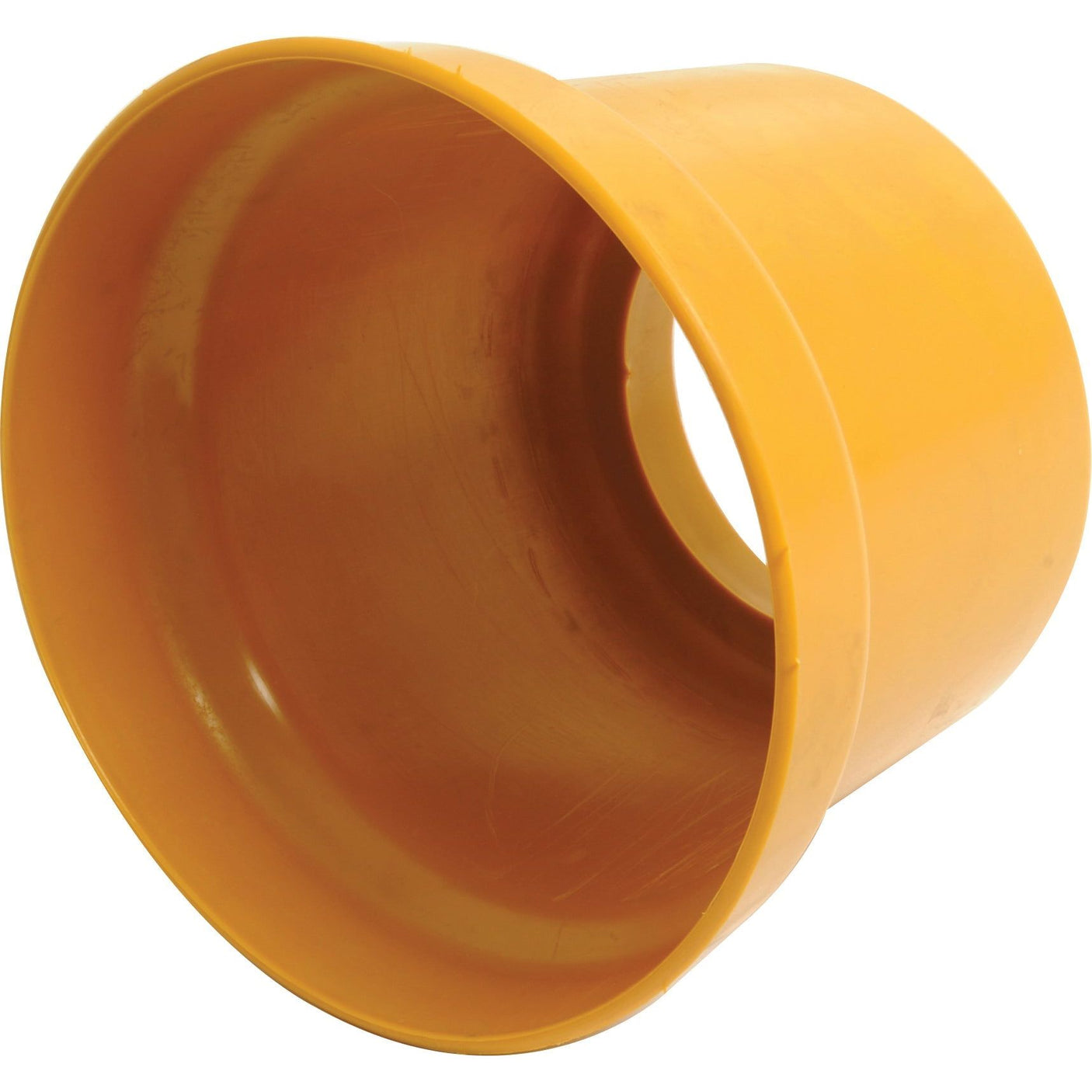 The Shaft Guard (Sparex Part No.S.72369) by Sparex is designed to fit perfectly with Battioni vacuum pumps, featuring a yellow plastic construction with a wide opening on one side and a narrower opening on the other.