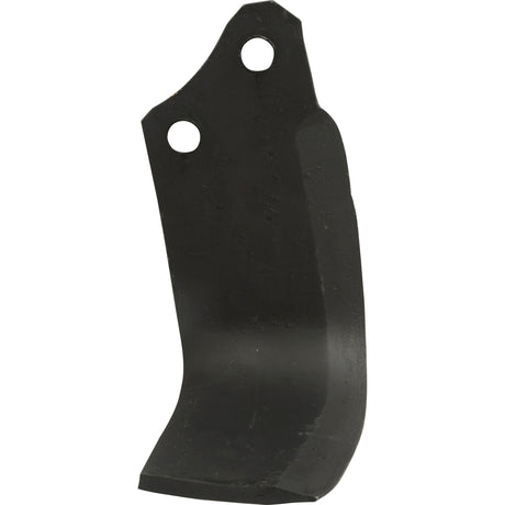 A black metal part with a curved blade-like shape, featuring two circular holes near the top, compatible with Sparex equipment and identified as the Rotavator Blade Square LH 60x7mm. With a height of 175mm, hole centers of 40mm, and hole diameters of 14.5mm, it serves as a replacement for Kverneland (MA1302180) under Sparex Part No.S.72376.