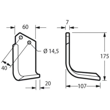 Technical drawing of a Sparex Rotavator Blade Square LH with dimensions: 60mm wide, 175mm height, and 20mm depth, featuring an offset of 40mm and a horizontal arm length of 107mm. It includes two holes with a diameter of 14.5mm each, designed to be compatible with Kverneland components (MA1302180), and is identified as Sparex Part No. S.72376.