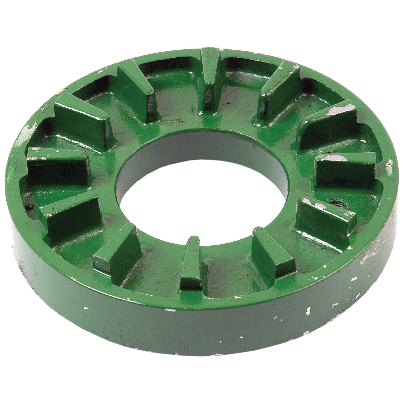 A green, circular metal object with a central hole and evenly spaced raised sections along the edge, typically used in John Deere hydraulic pump shafts, is known as the Drive Plate (Sparex Part No. S.72401) from Sparex.