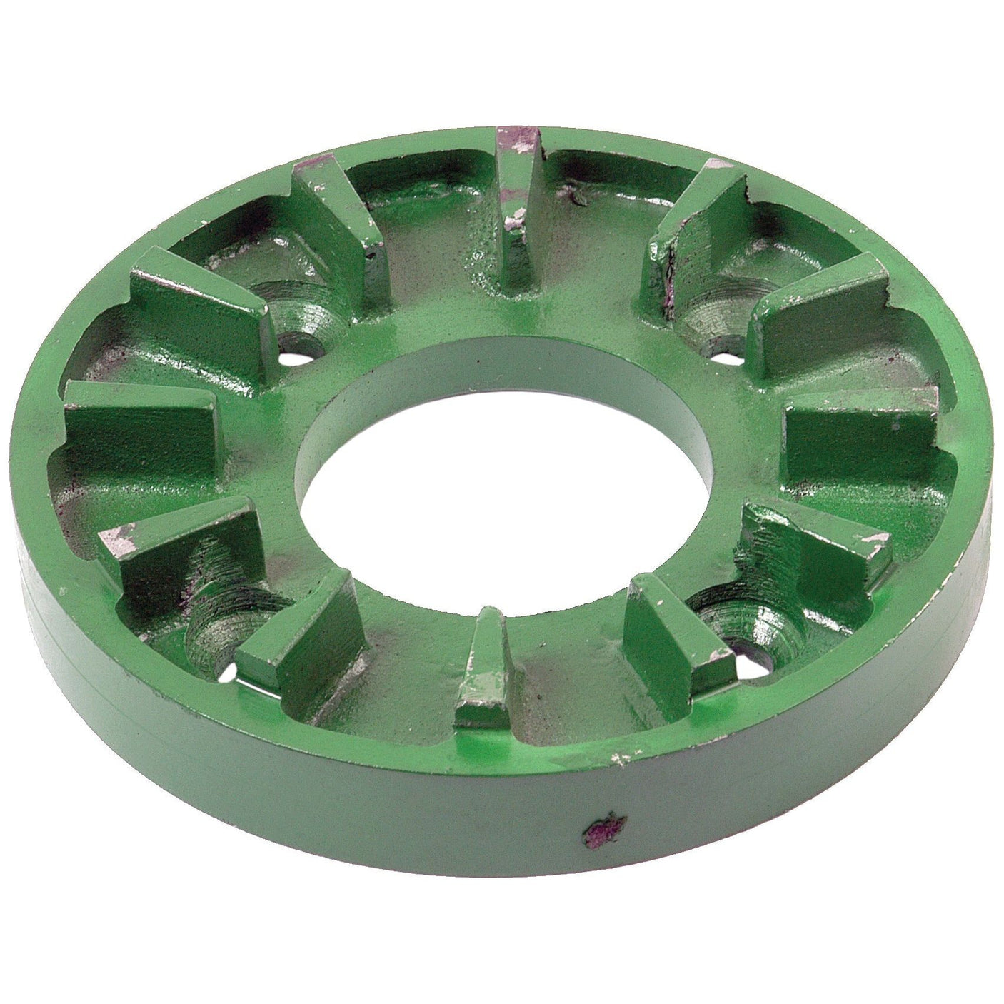 A green metal Drive Plate with radial ridges and a central circular hole, likely a part of a John Deere hydraulic pump shaft assembly. This component is known as the Sparex Part No. S.72402.