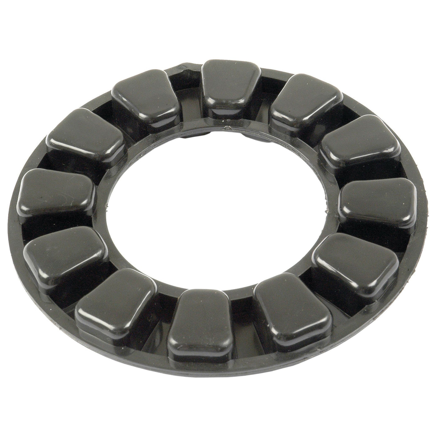 Introducing the Sparex Drive Cushion - Hydraulic Pump (Part No. S.72403): a black, circular rubber cush drive damper featuring multiple raised, rectangular segments evenly spaced around its perimeter. This premium drive cushion is perfect for optimizing the performance of John Deere hydraulic pumps.