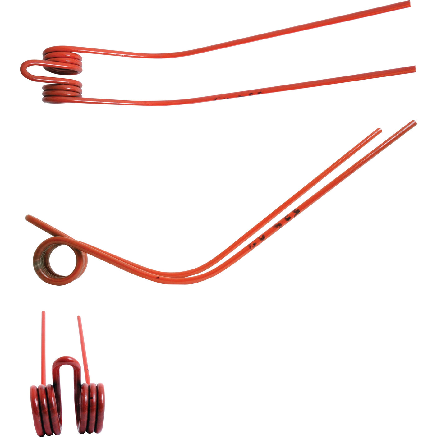 Image showing multiple angles of a red metal coil spring with two extended arms, manufactured by Sparex. The Swather/Tedder Tine, with dimensions 589mm length, 96mm width, and Ø10mm diameter, serves as a replacement for Kverneland and Taarup applications (part number KT6714010094). The spring is depicted from top, side, and front perspectives.