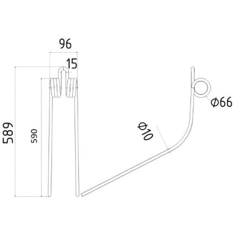 A technical drawing showing dimensions of a Swather/Tedder Tine by Sparex, a replacement for Kverneland. The main lengths are 589mm and 590mm, with widths of 96mm and 15mm, and circular end diameters of Ø66mm and Ø10mm.