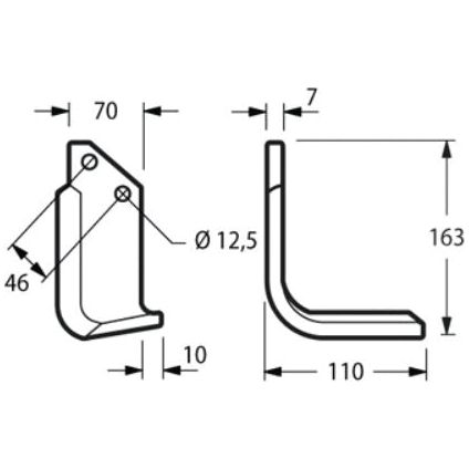 Technical drawing of an L-shaped bracket with dimensions. The bracket, similar to a Sparex Rotavator Blade Square RH 80x8mm Height, has two screw holes and various measurements indicated, including lengths of 70mm, 163mm, 110mm, and a hole diameter of 14.5mm.