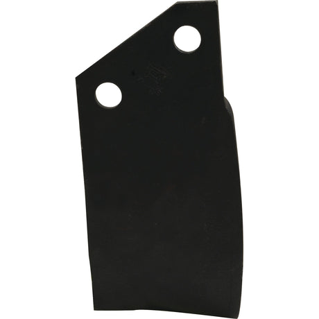 A black metal blade with two circular holes near the top and asymmetric edges, likely from a Sparex Rotavator Blade Square RH 80x8mm. The hole centers are 46mm apart with a hole diameter of 14.5mm, designed as a replacement part for Sovema machinery and fits model 900-111-017 under Sparex Part No.S.72430.