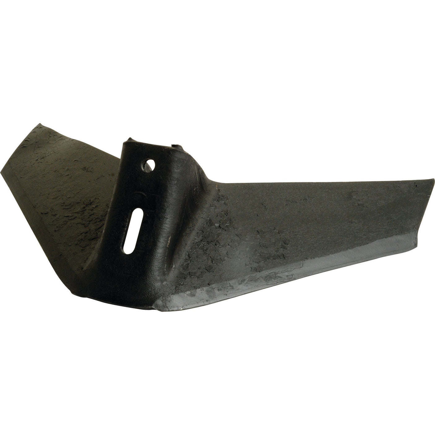 A black metal Sparex Rotavator Blade Curved RH 80x8mm, featuring a sharp edge, a curved design, and an oblong mounting hole with a diameter of 14.5mm, compatible as a replacement part for Sovema equipment (900-111-023 | Sparex Part No. S.72432).